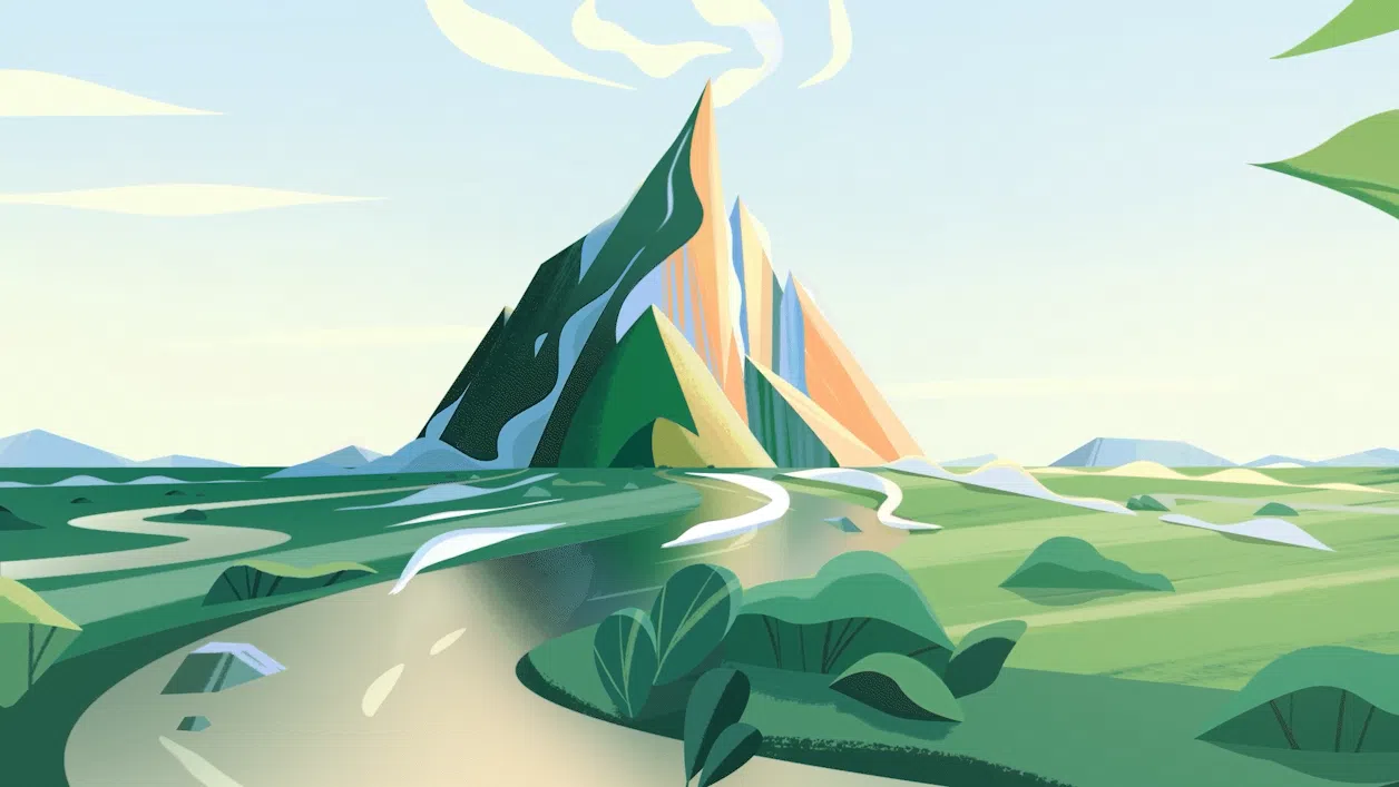 An animated image depicting a geometric mountain created from layered colors of green, peach, and pale blue is centered on the screen. The camera moves past the foreground, floating by simplified foliage and rounded bushes, toward the horizon. 