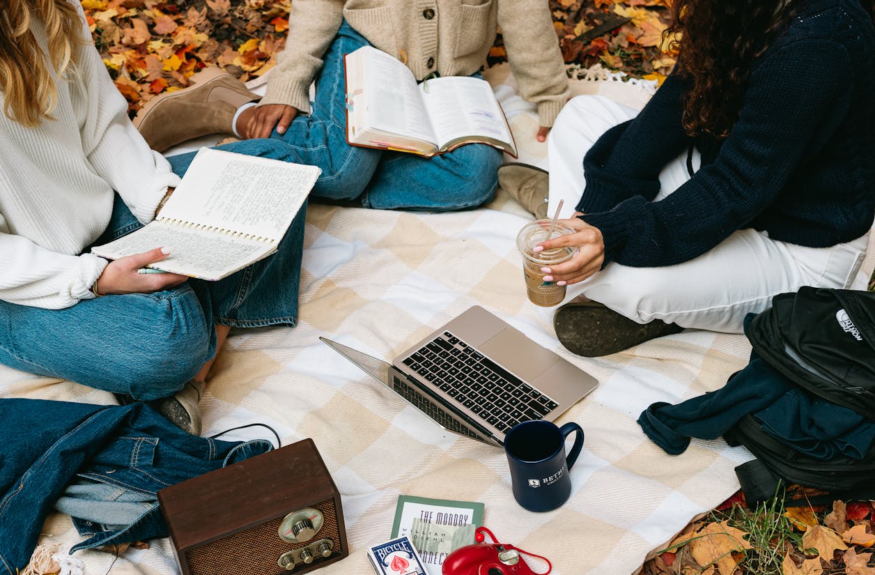 Flat lay of students doing a Bible study at Bethel University