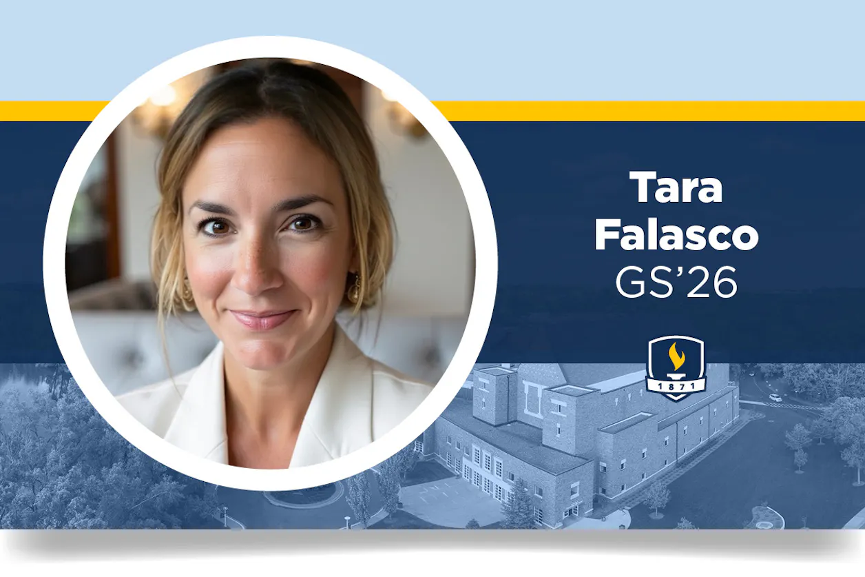 A headshot of Tara Falasco GS'26 on a Bethel branded background