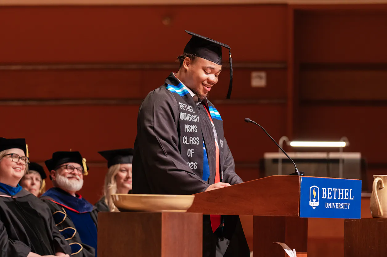 MS in Medical Sciences graduate and student speaker Rodney Benjamin GS'26 shares a graduation speech at the spring commencement ceremony for graduate students. 