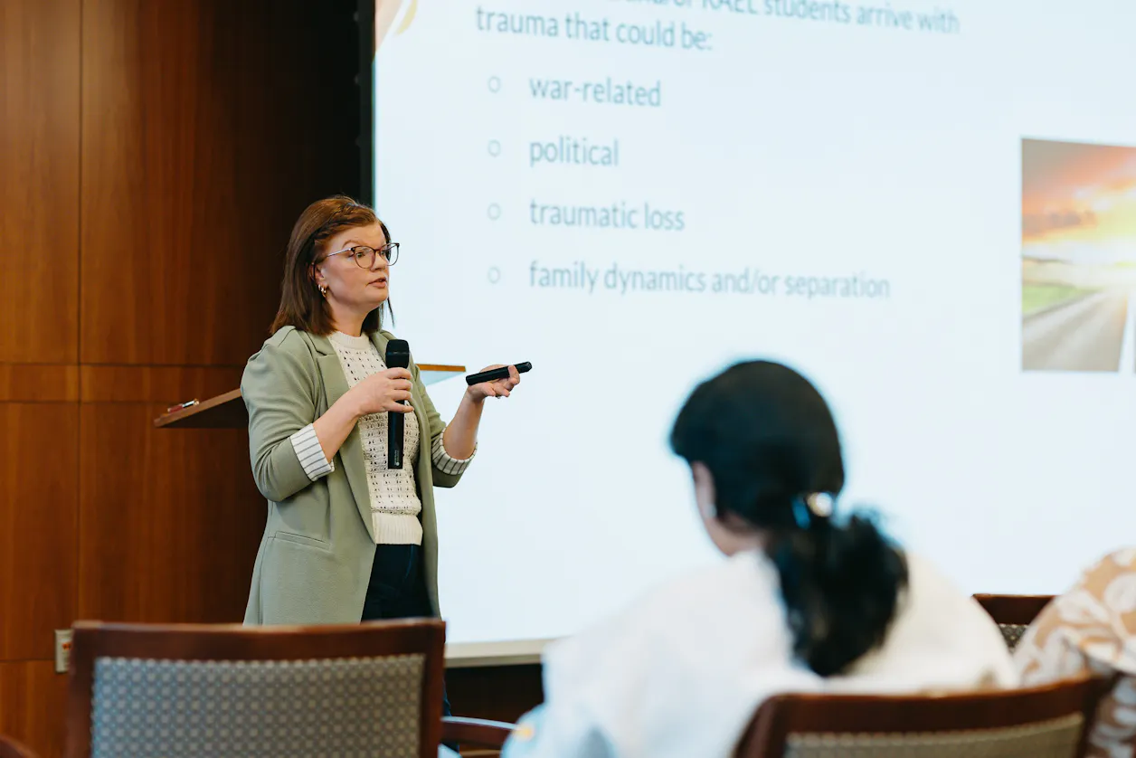 Krista Aadland '03, S’12, GS’25 presents ast a Bethel Advance event.
