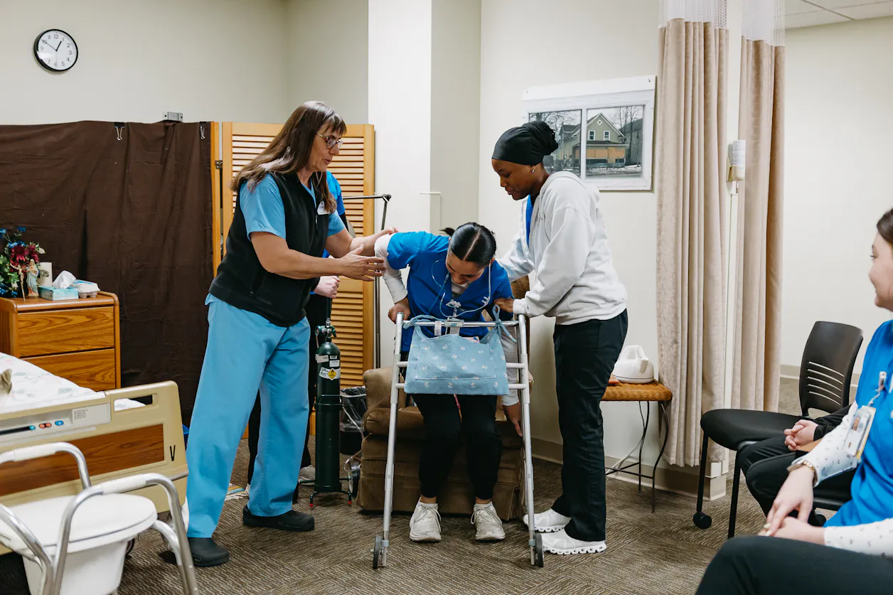Students learn how to assess the ability of patients to self-care, including practicing safe "transfers" between positions and locations within the home