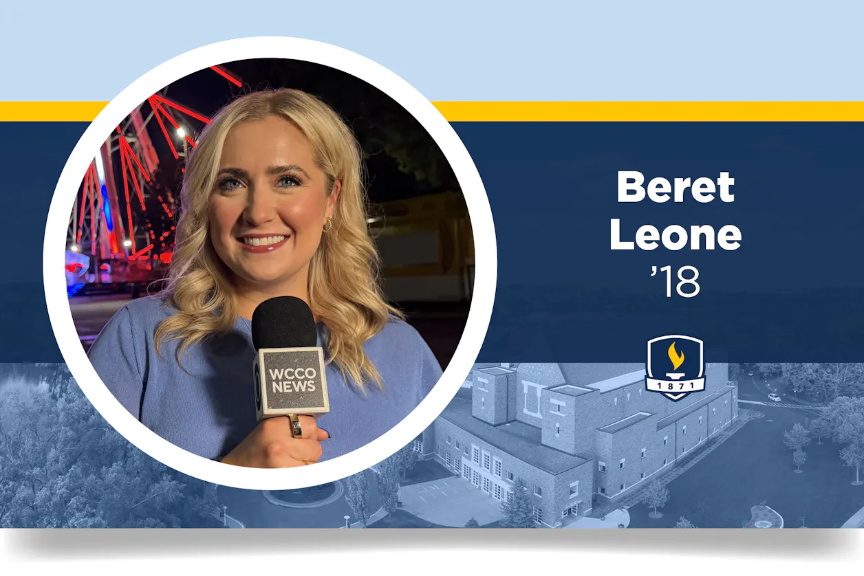 A headshot of Beret Leone wearing a blue shirt and holding a WCCO reporting microphone is centered on a Bethel branded background. The text reads Beret Leone '18. 