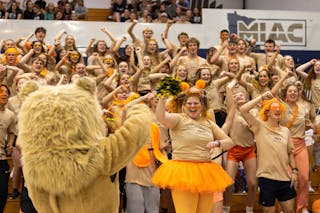 Students who lived in Nelson Hall showed their dorm pride during Bethel's Homecoming 2022 Cheer Night.