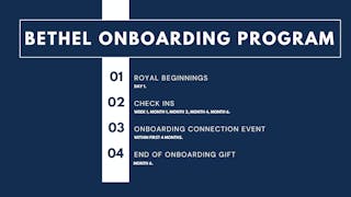 Bethel Onboarding program  1. Royal Beginnings happens on your day one at Bethel. 2. Check-ins happen at your week one, month one, month two, month four, and month six at Bethel. 3. An onboarding connection event happens within your first four months at Bethel. 4. At month six, you'll receive an end of onboarding gift!