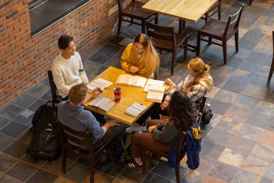 Students having a discussion in the Brushaber commons