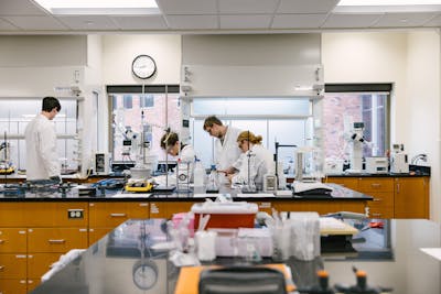 Four students in white lab coats work together at a lab bench with various equipment.