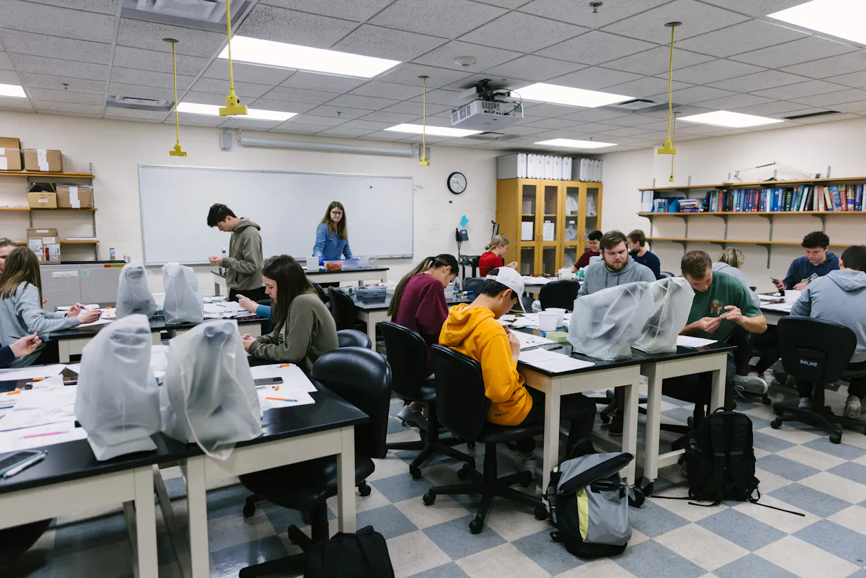 Students actively engage in a hands-on biology class, working on various tasks.