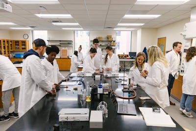 A busy chemistry lab with students in white coats conducting various experiments.