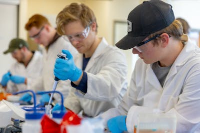 Students in lab coats using pipettes in a busy Bethel University science lab.