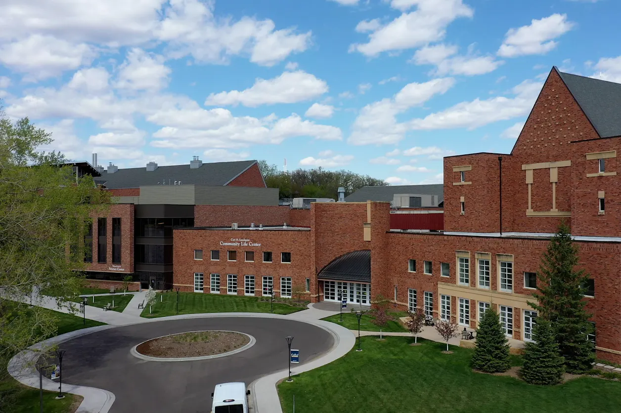 A wide, aerial view of the Bethel University Student Life Center exterior.