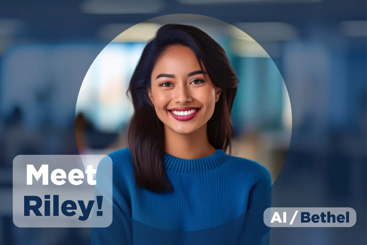 Smiling woman with shoulder-length dark hair in a bright blue sweater, overlaid text says "Meet Riley!" with a Bethel AI logo, against a blurred modern office background.