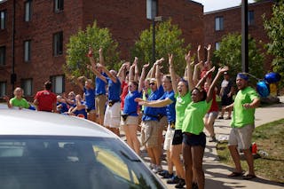 Greeting new Bethel students at Welcome Week Move-In