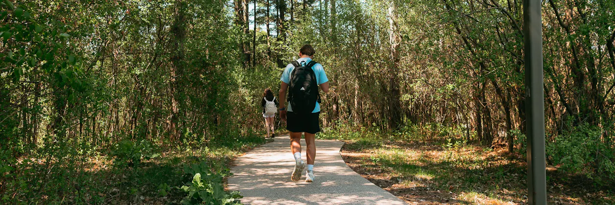 Students walk along a wooded campus trail on a sunny day.